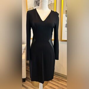 Banana Republic Size 2 black dress, leather side accent, gold back zip & sleeves